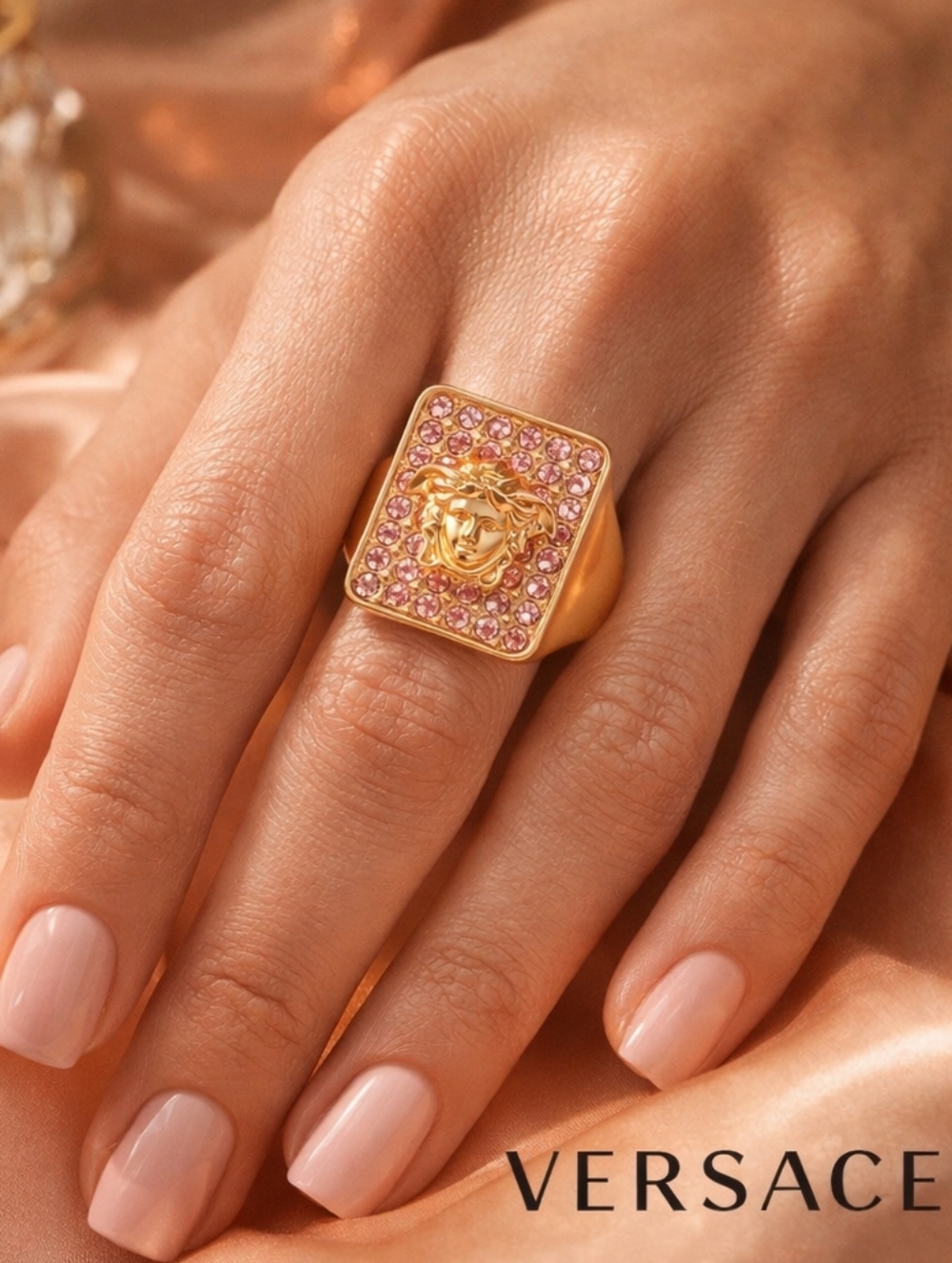 Sz19 NWT NIB Versace Medusa Golden Ring with Pink Crystals